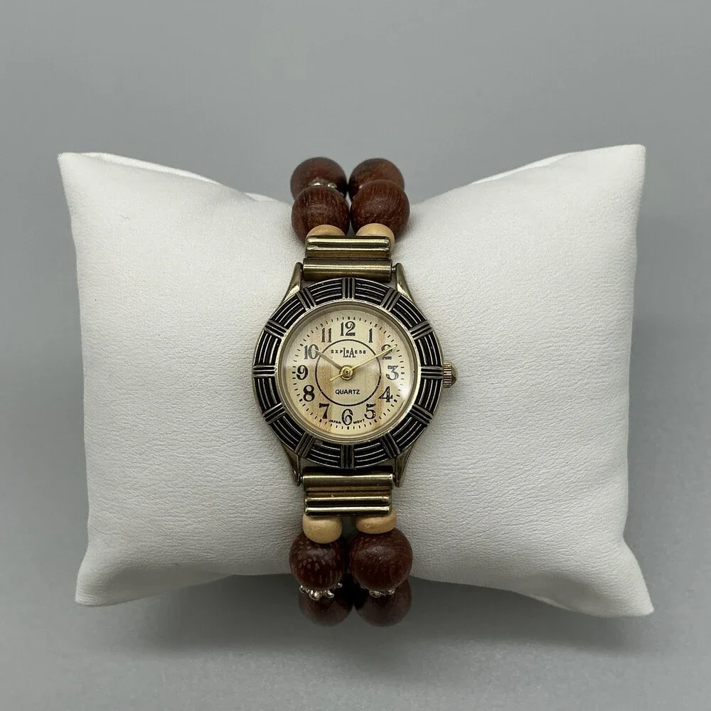 Express Womens Watch 24mm Brown Dial Wood Bead Bracelet New Battery